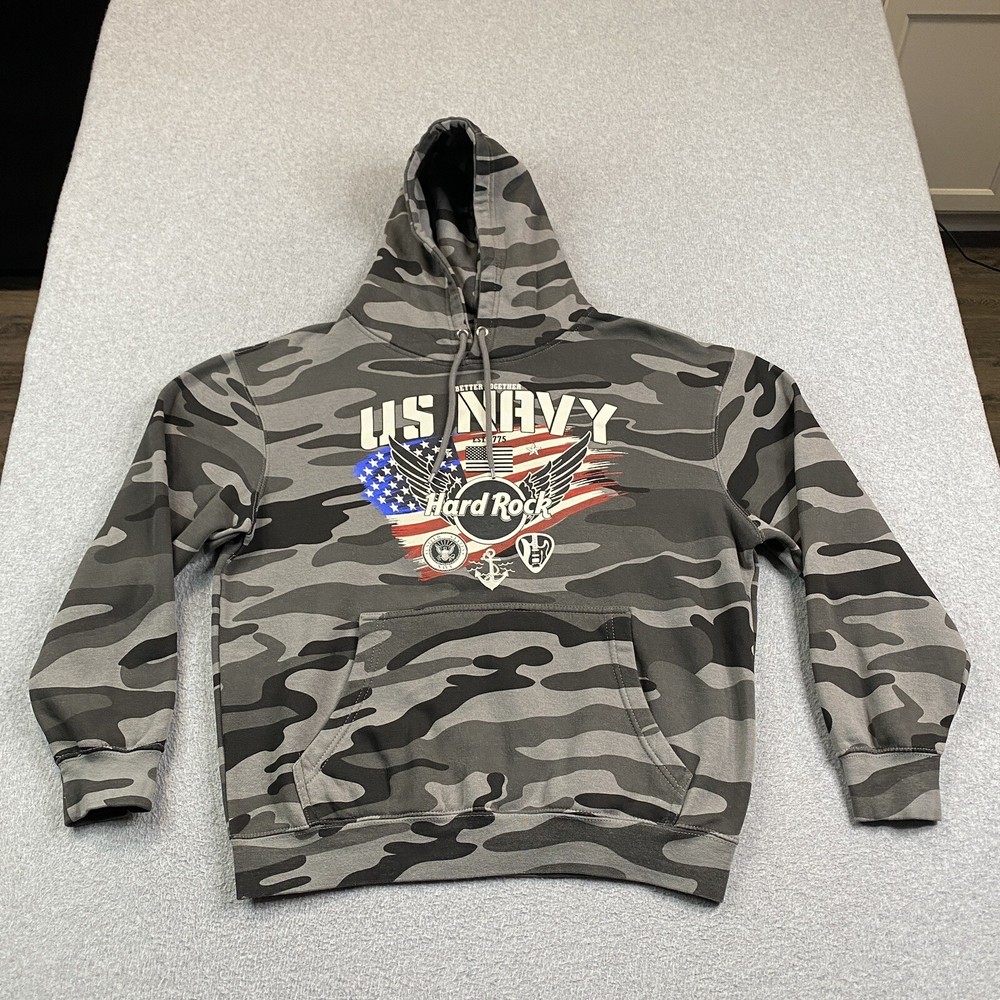 US Navy Hard Rock Cafe Hoodie Mens Medium Camo Gray Sweatshirt Fleece Patriot