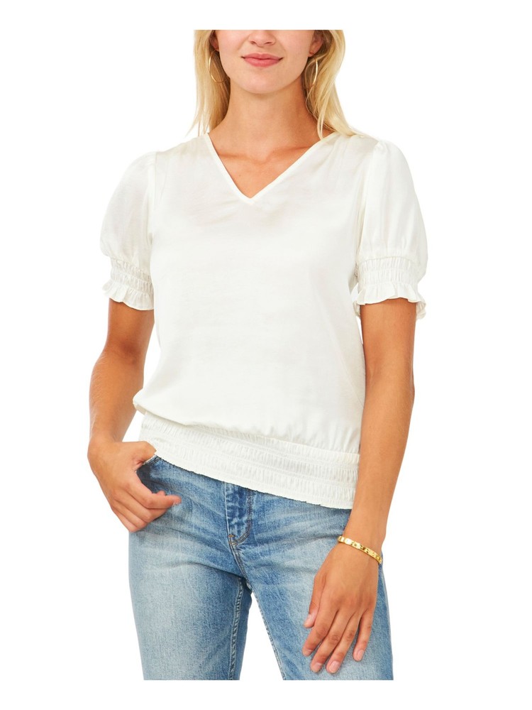 VINCE CAMUTO Ivory Smocked Silk V Neck Work Top for Women