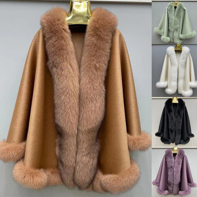 Real Women 100% Fox Fur Trim Shawl Cashmere Ponchos Cape Cardigan Coat Warm Tops