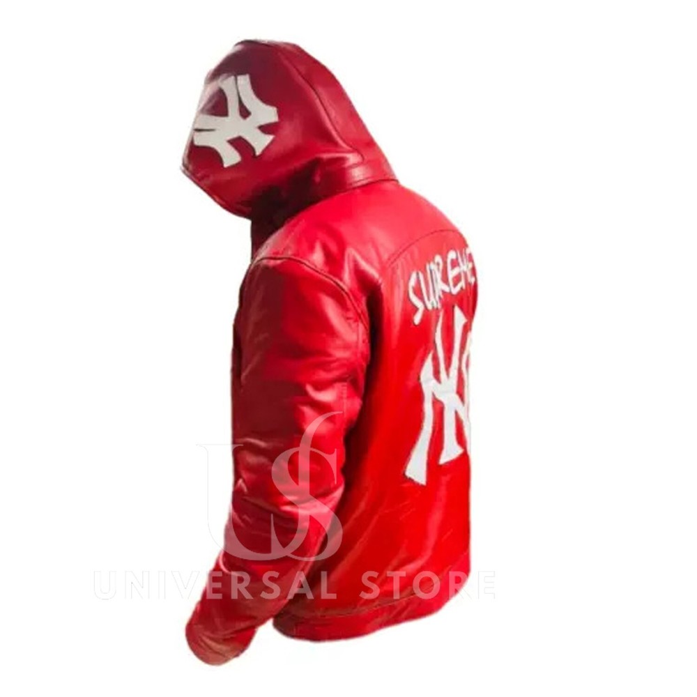 NY Yankees Letterman Varsity Leather Jacket Removeable Hoodie Red Varsity Jacket