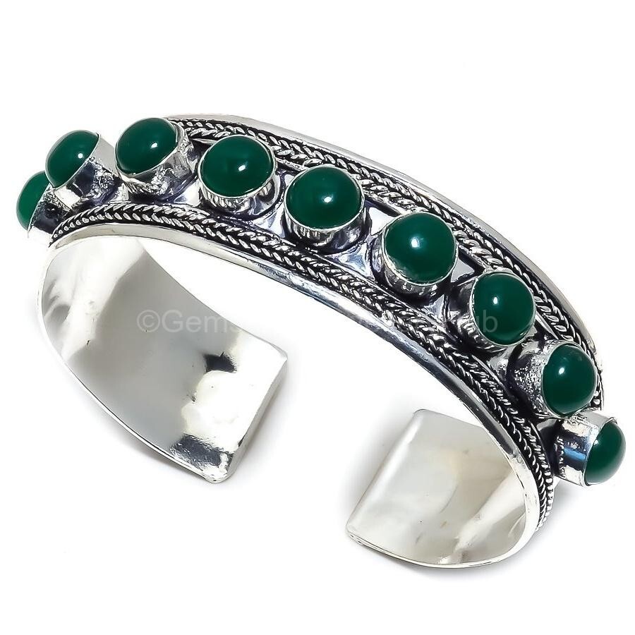 Christmas Sale Bi-Color Praying Face Stone Ethnic Cuff Bracelet in 925 Silver-image
