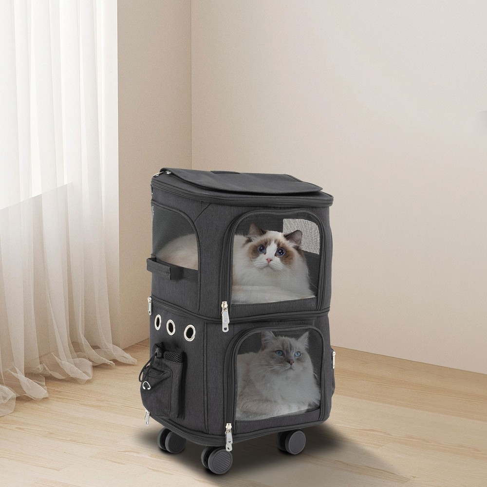 2-Tier Dog Trolley Bag Double-Compartment Pet Rolling Carrier Cat 22.05 lbs