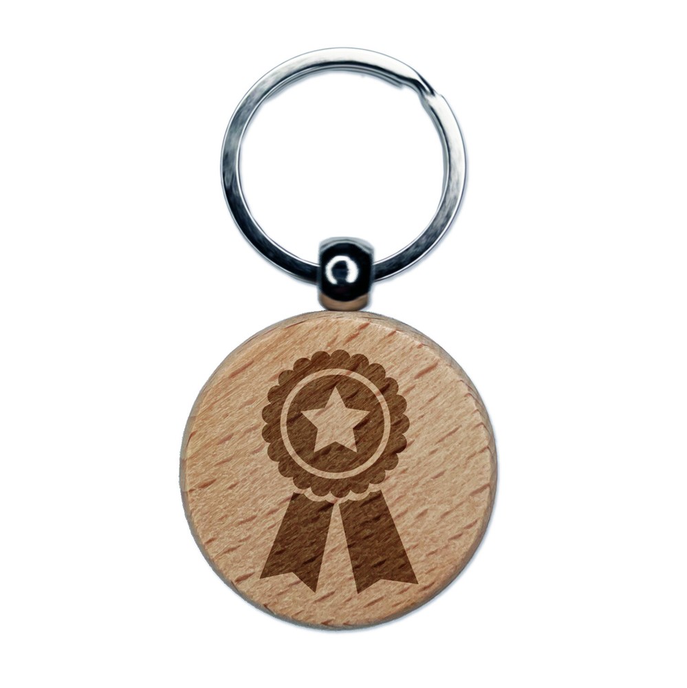 Award Prize Ribbon Engraved Wood Round Keychain Tag Charm