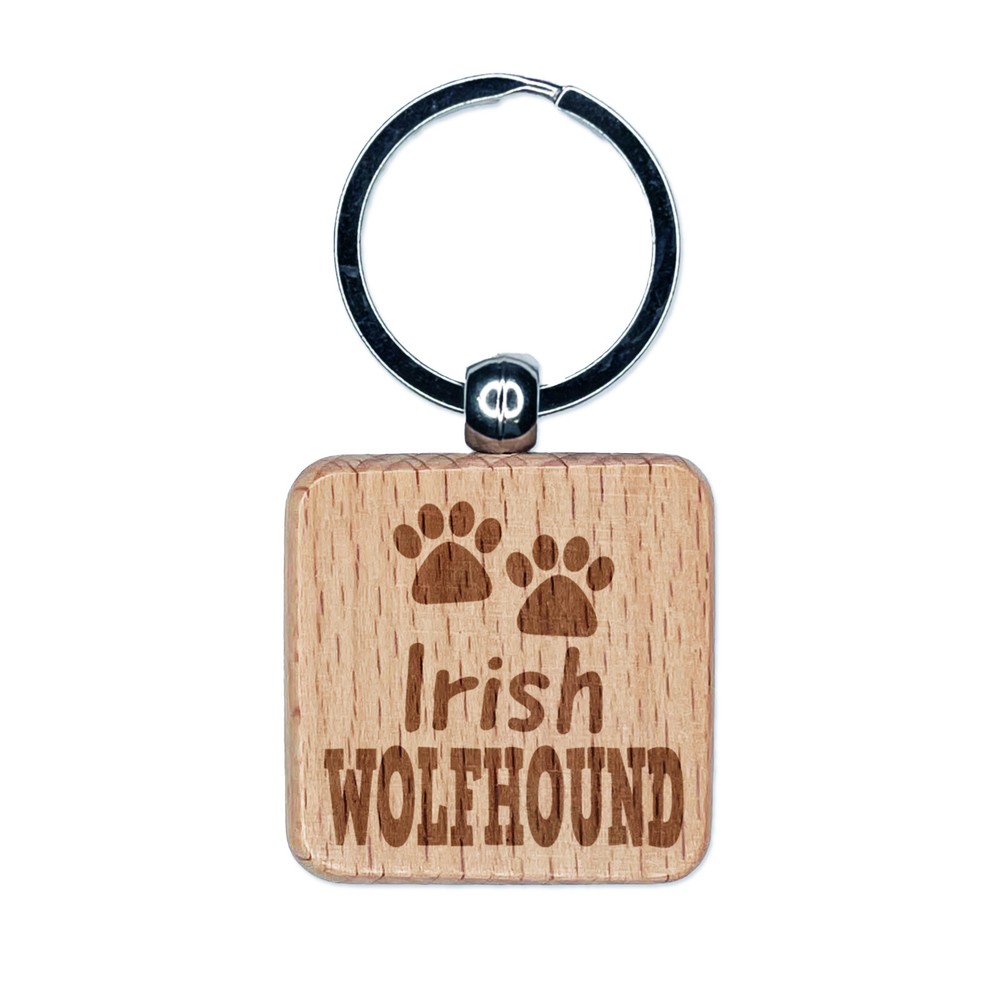 Irish Wolfhound Dog Paw Prints Fun Text Engraved Wood Square Keychain Tag Charm