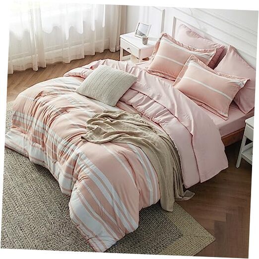 Pink Comforter Set 7 Pieces, Light Pink White Striped Full 15 - Light Pink