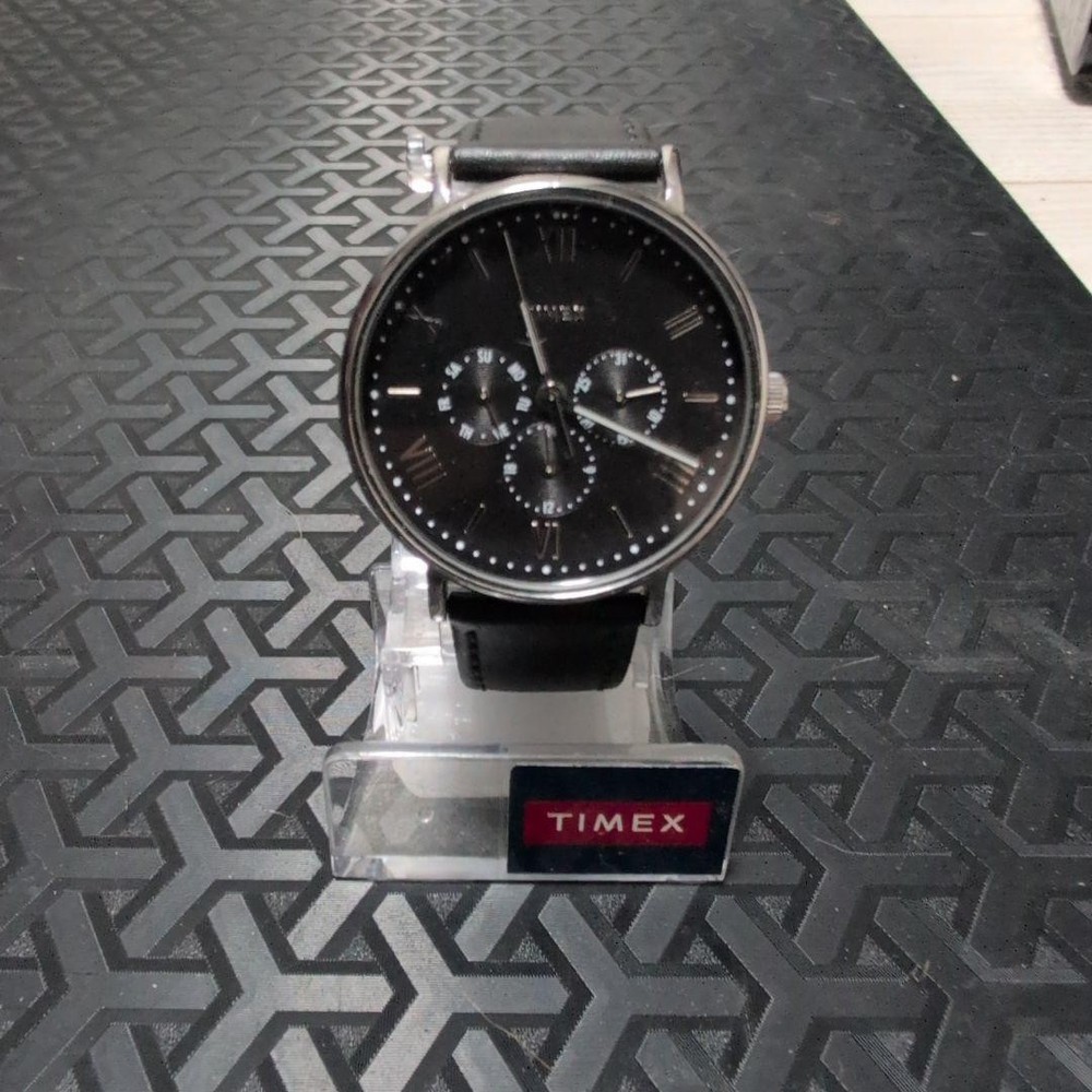 Timex Chronograph Black Leather Watch Pre-Owned Model 0706