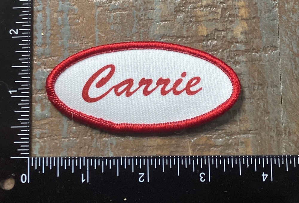 Vintage CARRIE Name Tag Work Shirt Job Uniform Printed Iron-On Patch Red