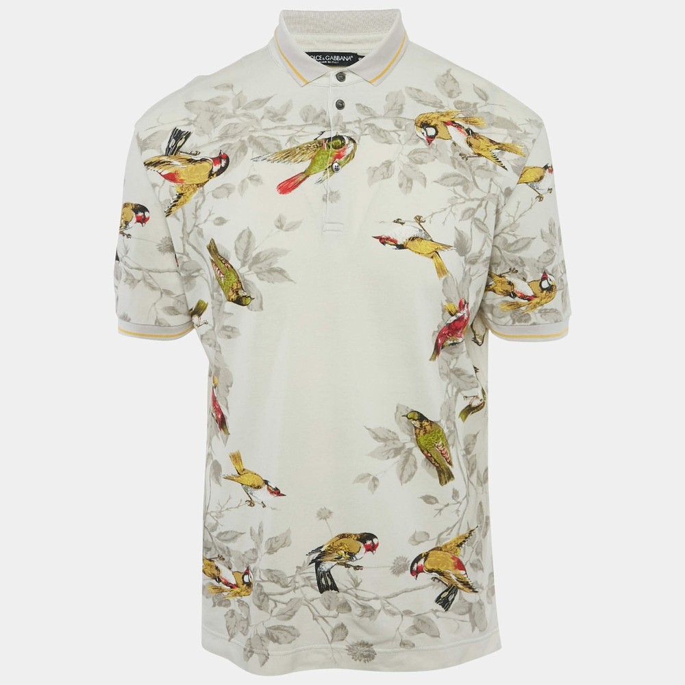 Dolce Gabbana Light Grey Bird Print Cotton Pique Polo TShirt M