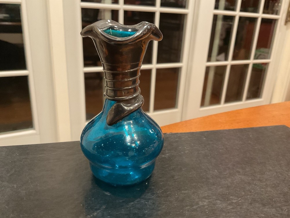 Signed Vintage Domar Blue Art Glass Bud Vase with Sterling Silver Overlay