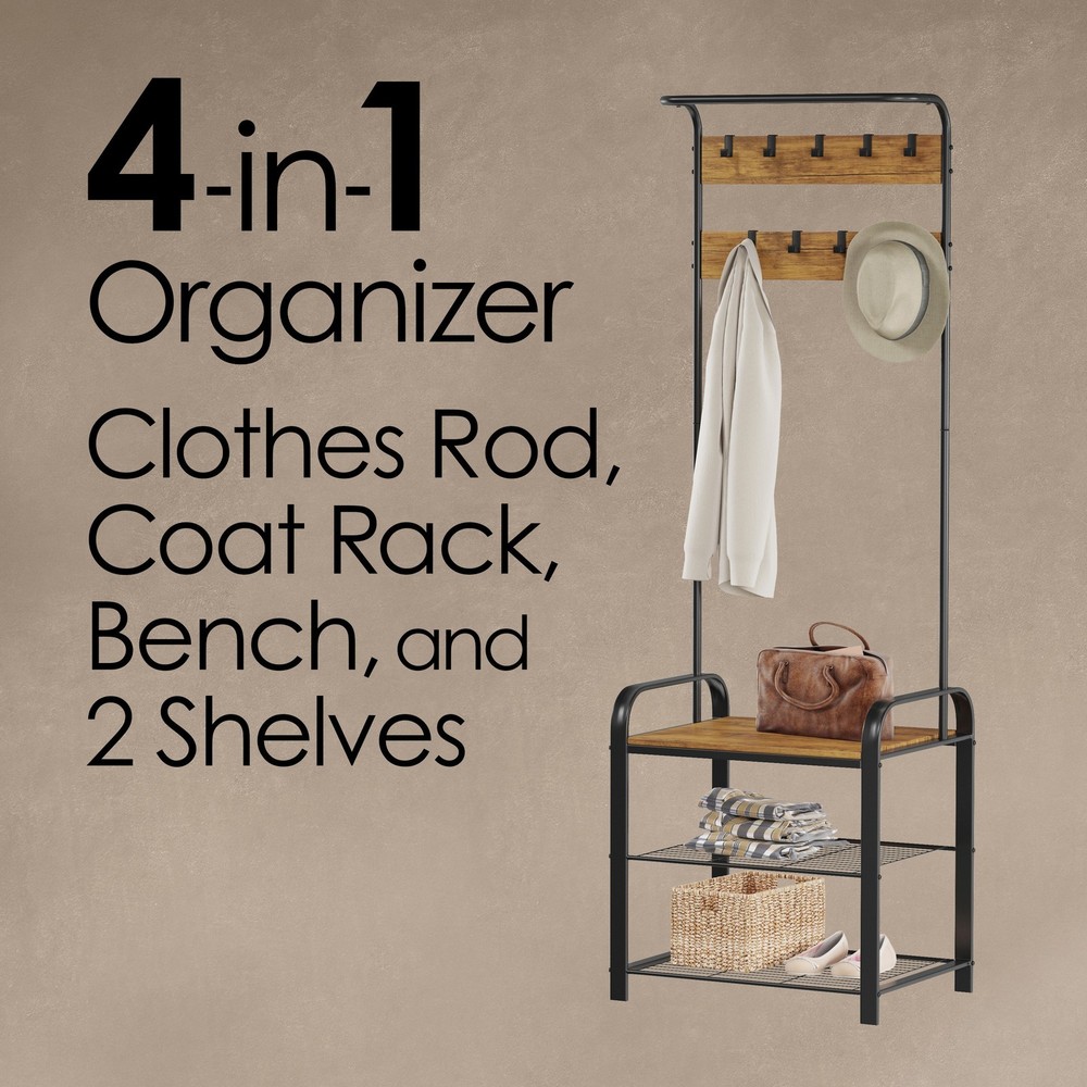 73'' Hall Tree 4-IN-1 Coat Rack Shoe Bench w/ 10 Hooks Entryway Storage Shelf