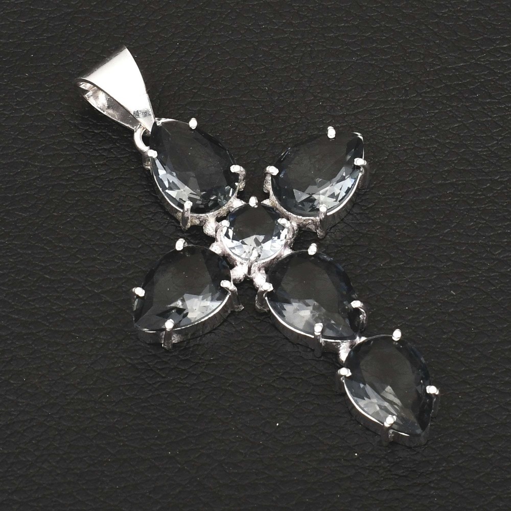 Iolite Gemstone Handmade Ethnic Cross Pendant Necklace for Women 2.6 Inches AP-36323