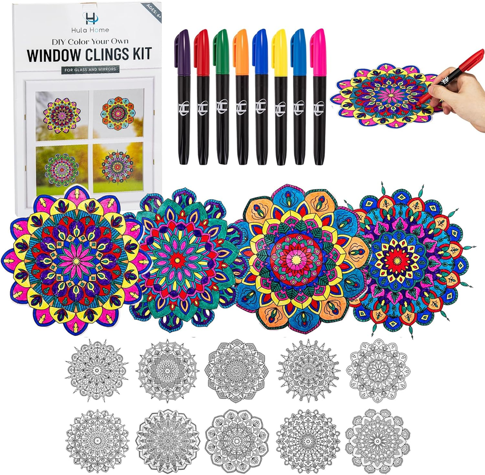 Stained Glass Mandala Art Kit - DIY Window Clings with Markers, 10 Suncatchers -