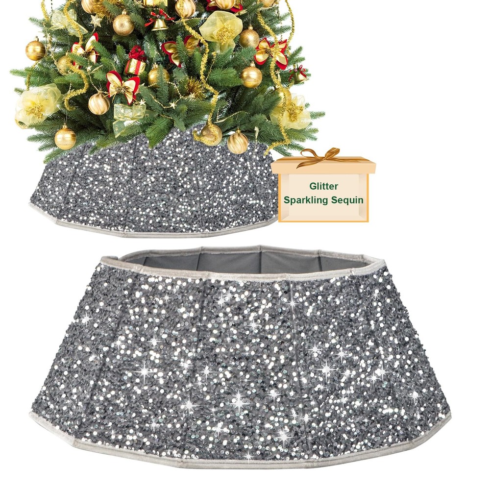 Silver Sequins Christmas Tree Collar – 25.6 Inch Foldable Sparkling Decorative Base
