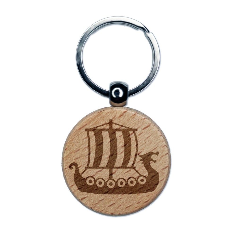 Viking Dragon Longship with Striped Sail Engraved Wood Round Keychain Tag Charm