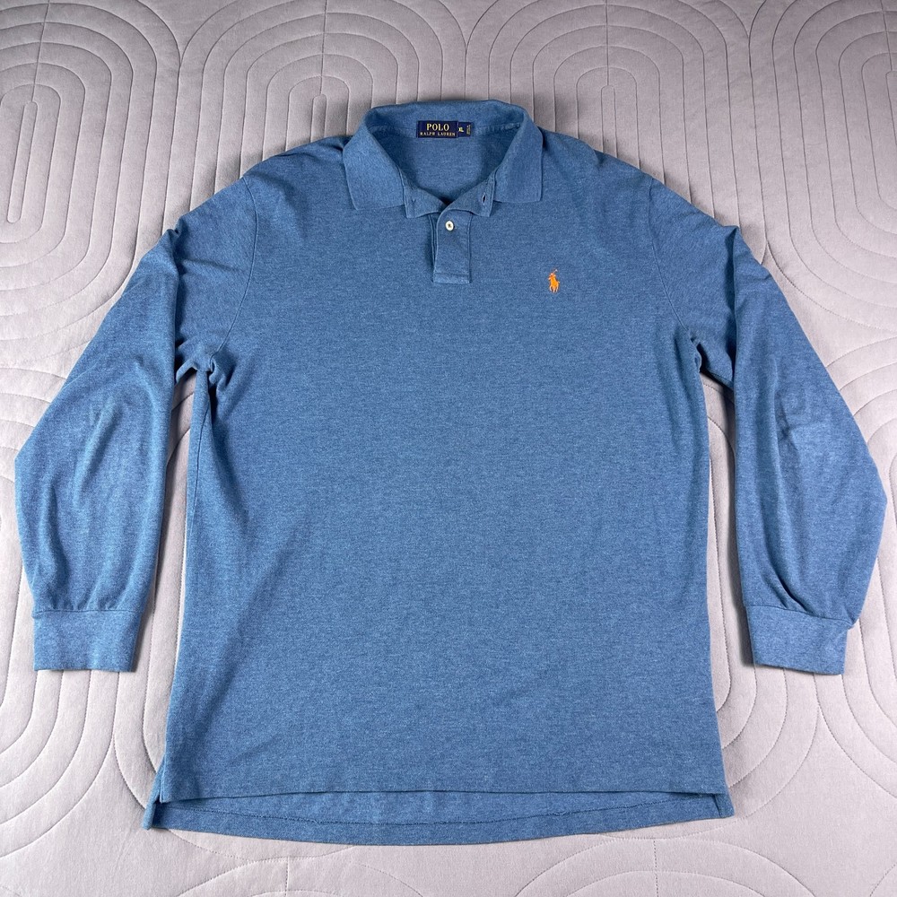 Polo Ralph Lauren Mens XL Blue Long Sleeve Polo Shirt Orange Pony Logo