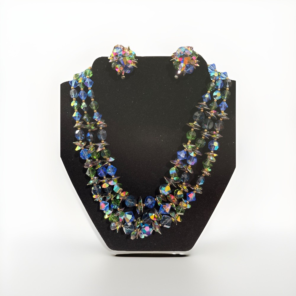 Vintage Aurora Borealis Crystal Glass Necklace 3 Strands Clip Back Earrings Set