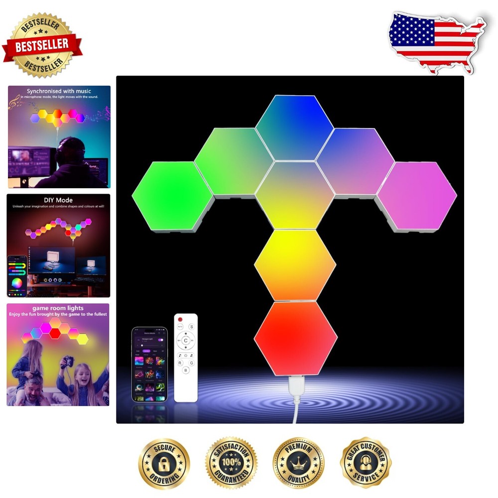 Vibrant RGB Hexagon Wall Lights, 8 Panels with App Control for Indoor Use