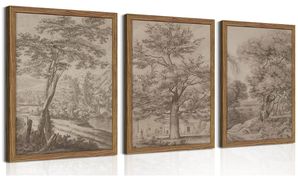 Vintage Landscape Framed Wall Art Set of 3, Neutral Nature Wabi Sabi Canvas W...