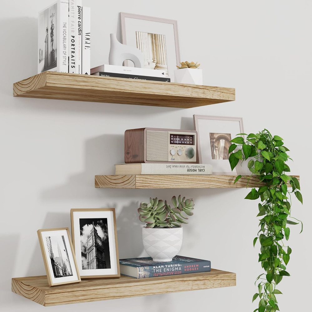 Wood Floating Shelves for Wall Set of 3, 17 Inch Wide Rustic Wooden Floating She