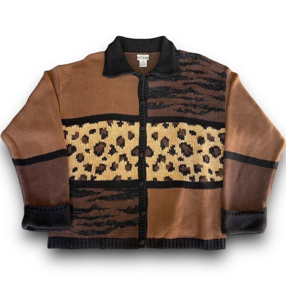 vtg animal print patchwork knitted cardigan button up closure xl colorblock