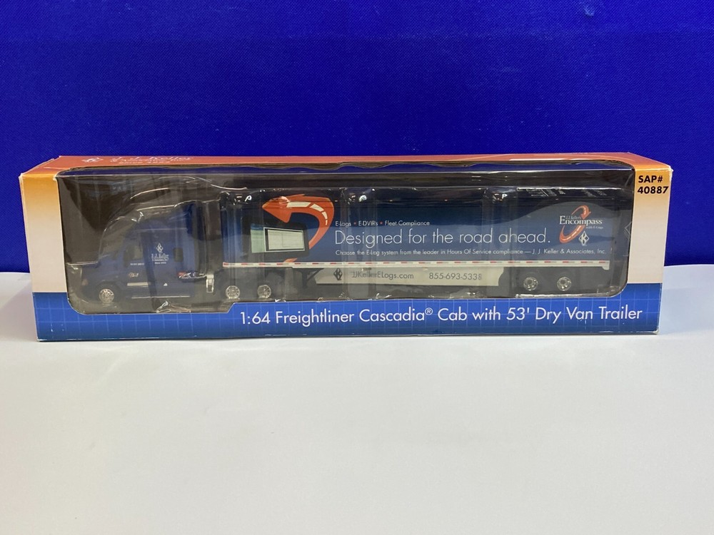 FIRST GEAR 1/64 SCALE JJ KELLER FREIGHTLINER CASCADIA CAB W/ 53' DRY VAN TRAILER