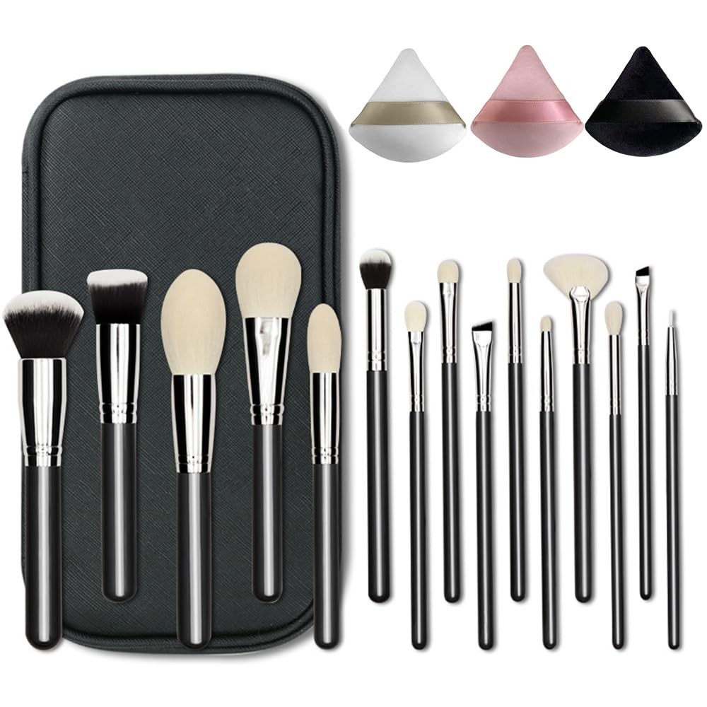 Professional Natural Travel Goat Hair Makeup Brushes with case, 15Pcs Kabuki ...