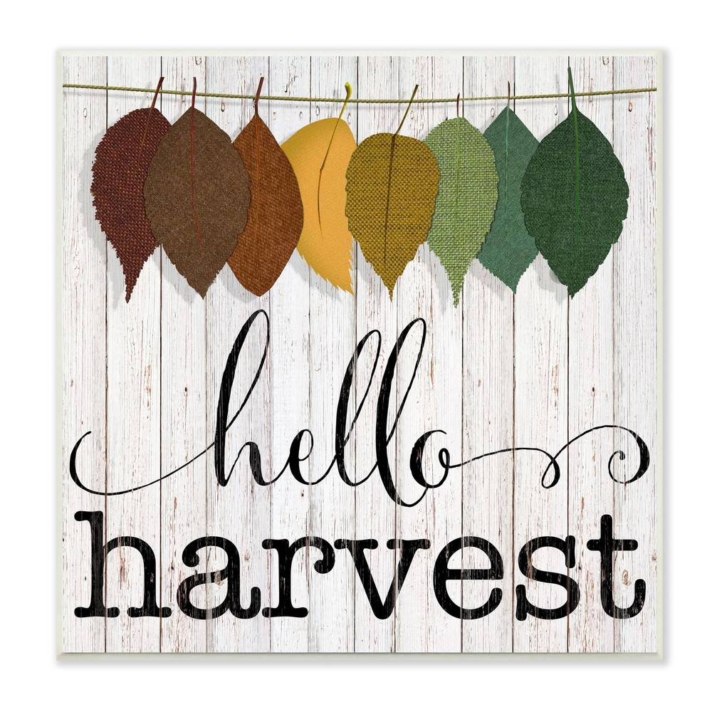 Stupell Hello Harvest Greeting Autumn Leaves Foliage White 12 x 12