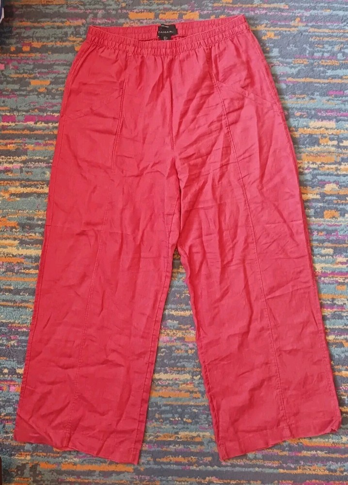 Tahari Pants Womens Large Red Orange Linen Wide Leg Pullon Pockets Boho Beachy
