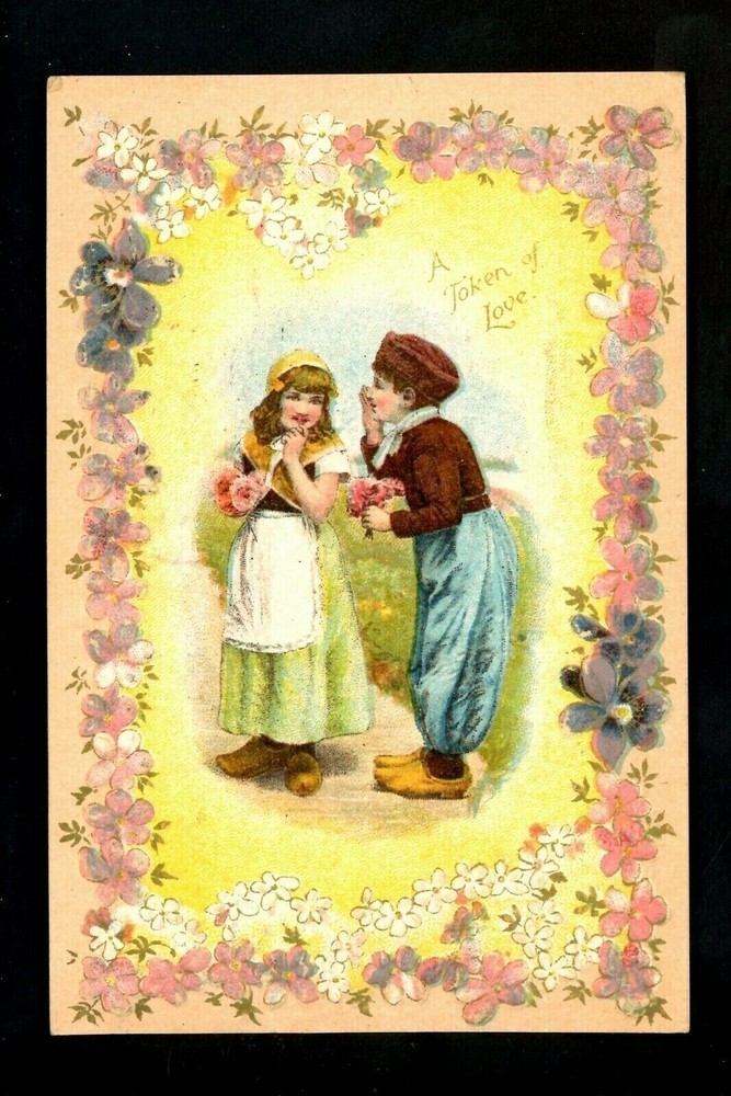 Vintage Valentine's Day postcard with love couple and embossed flowers