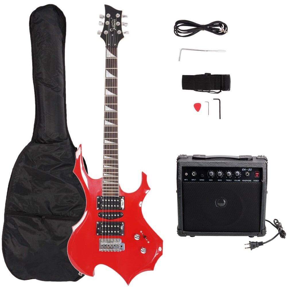Glarry Flame Shaped Electric Guitar W 20W AMP HSH Pickup Novice Guitar Audio Red