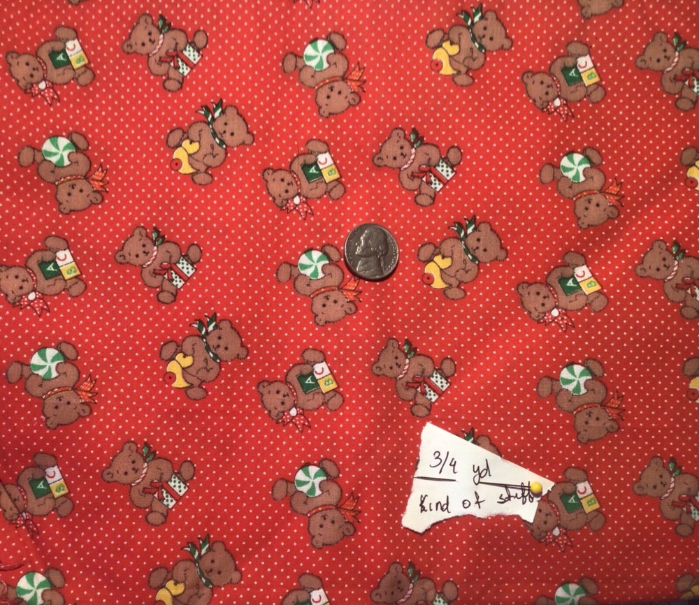 Vintage Christmas Teddy Bears on Red Cotton Fabric .75 Yard