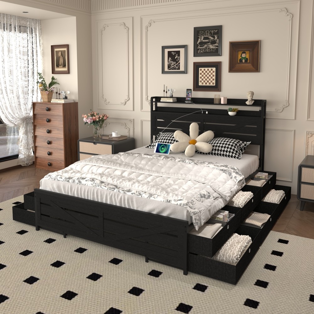 Queen-size bed frame with storage headboard and 12 drawers with LED lights