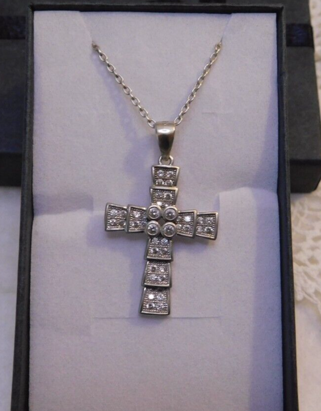 Sterling Silver Crystal Cross Pendant Necklace 925