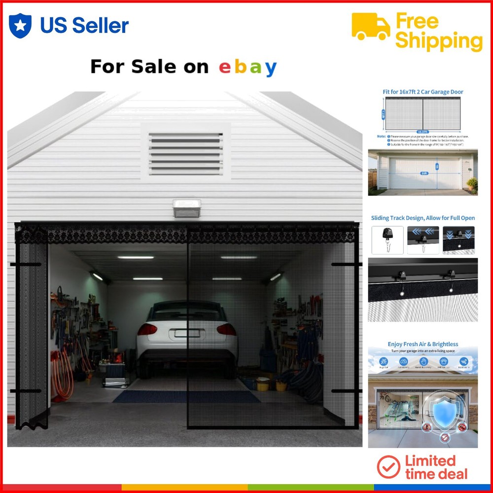 Sliding Garage Door Screen Fiberglass Mesh 16x7 Ft Magnetic Track Bug Protection