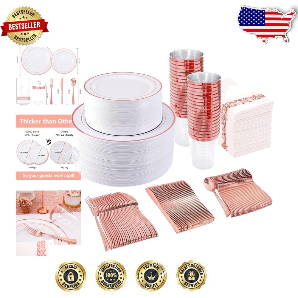 Elegant Rose Gold Disposable Plates and Silverware Set for Weddings & Parties