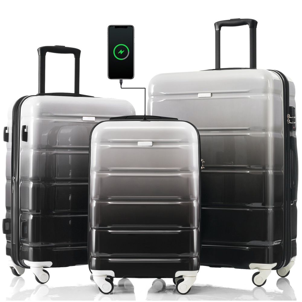 Luggage Set of 3, 20-inch with USB Port, black