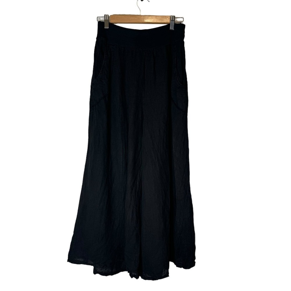 Tina Stephens Women Pull On Palazzo Linen Black Pants Pockets One Size