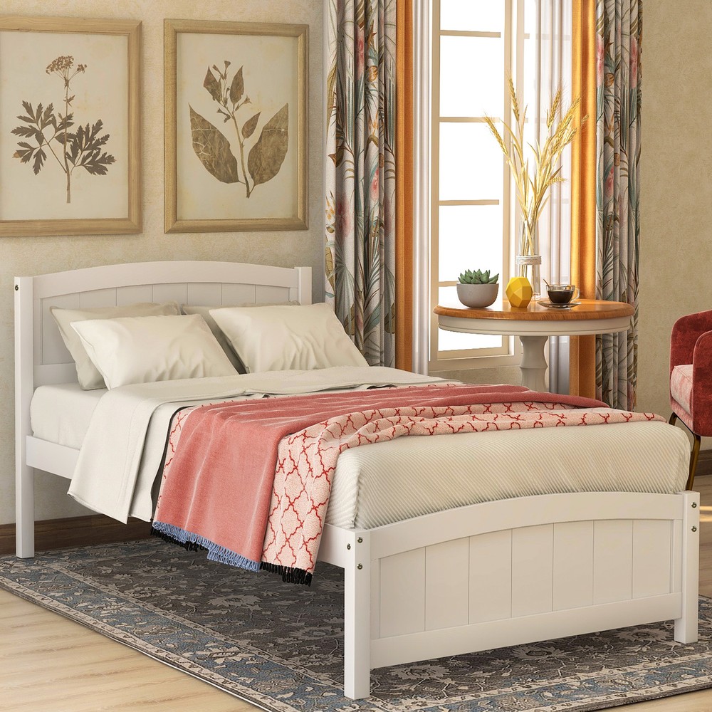 White Wood Platform Bed Frame with Headboard, Footboard, and Support Slats