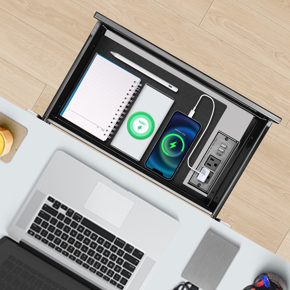 Under Desk Mounted Sliding Pull-out Storage Drawer with Built-in Power Strip