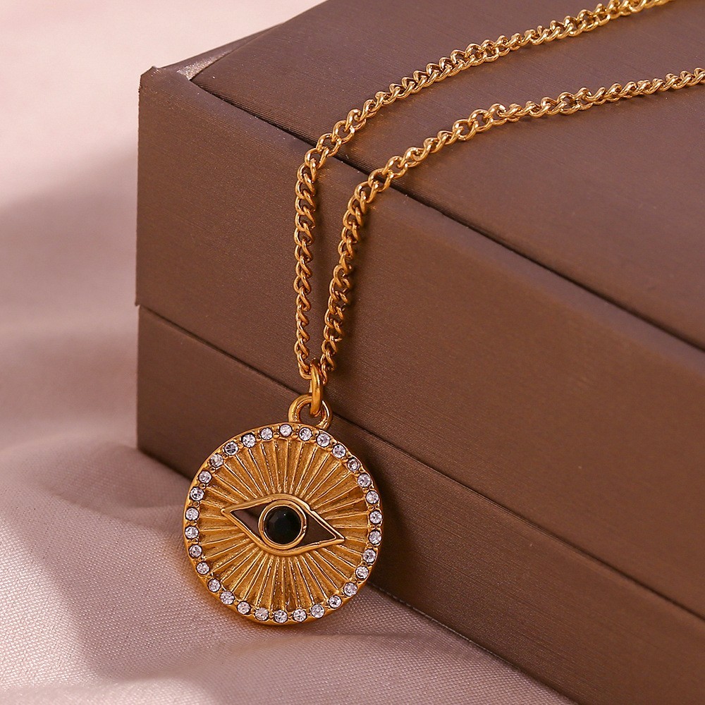 Gold Evil Eye Necklace Stainless Steel Pendant AAA CZ Crystal Protection 16in