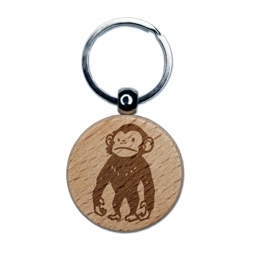 Llavero redondo de pie mono chimpancé estoico mono grabado en madera etiqueta dije