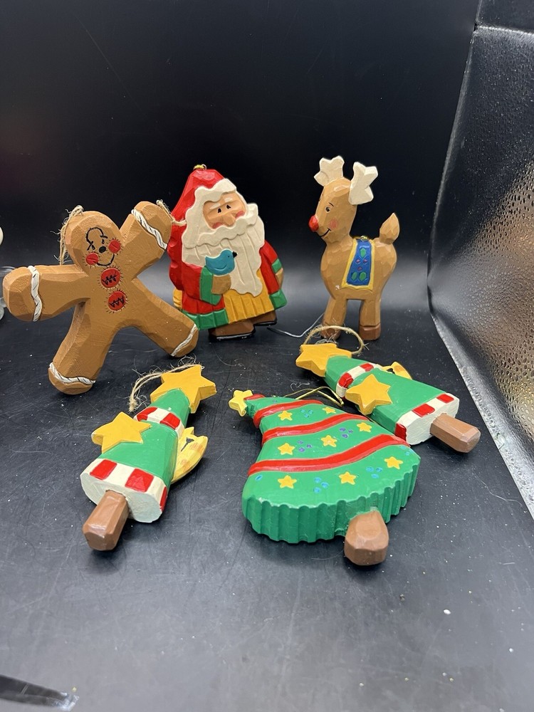 Wooden Christmas Ornaments Large Set Of 6 Santa Reindeer Kitty Gingerbread Man