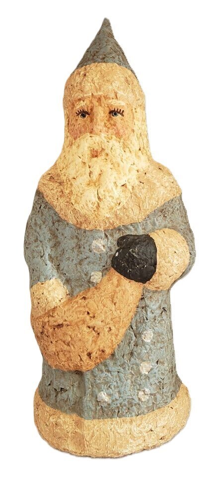 Pulp Paper Mache Old World Santa & Toy Bag Handmade Folk Art Christmas Blue Coat