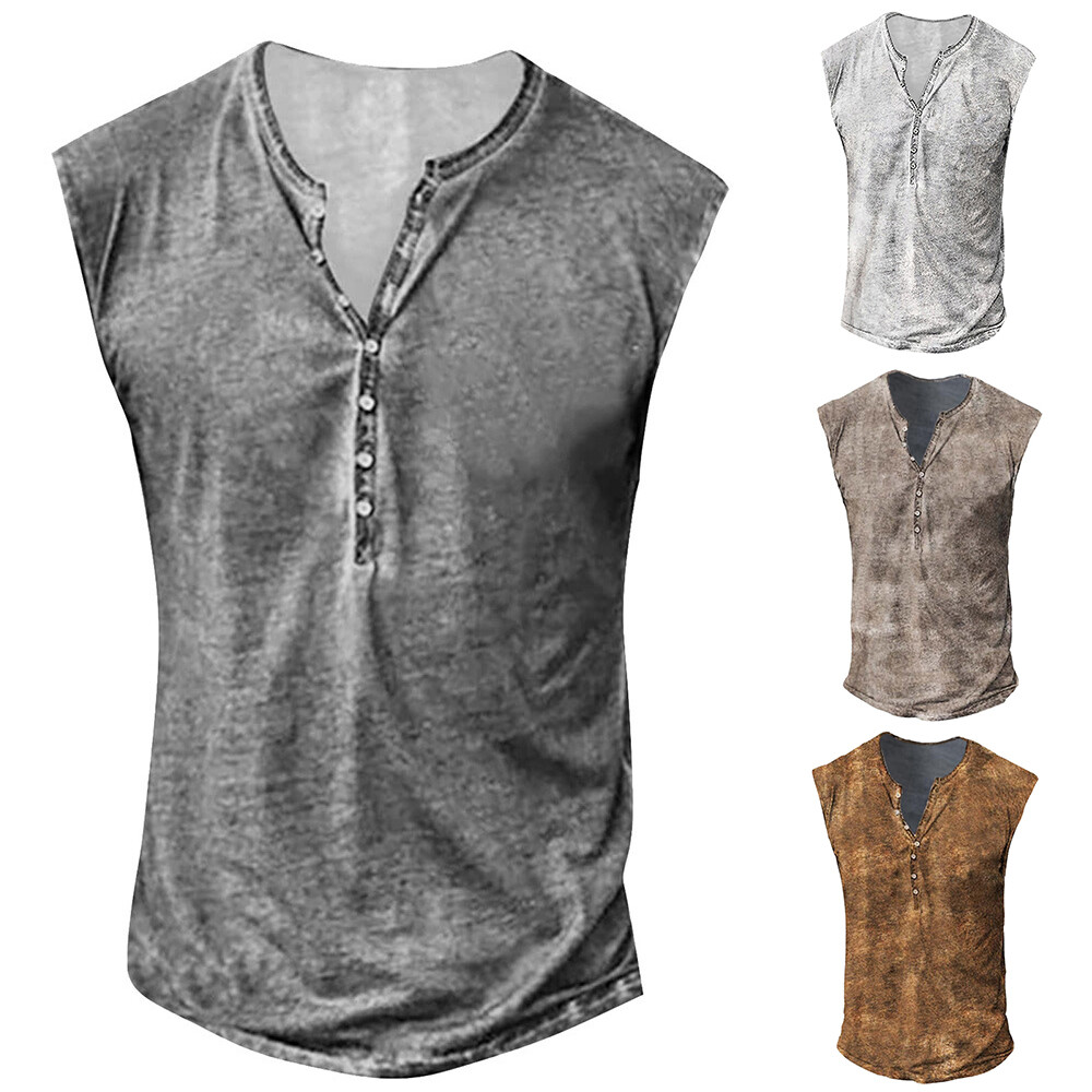 Men Button Tank Top Workout Casual Muscle Tee T-Shirt Sleeveless Gym Sports Vest