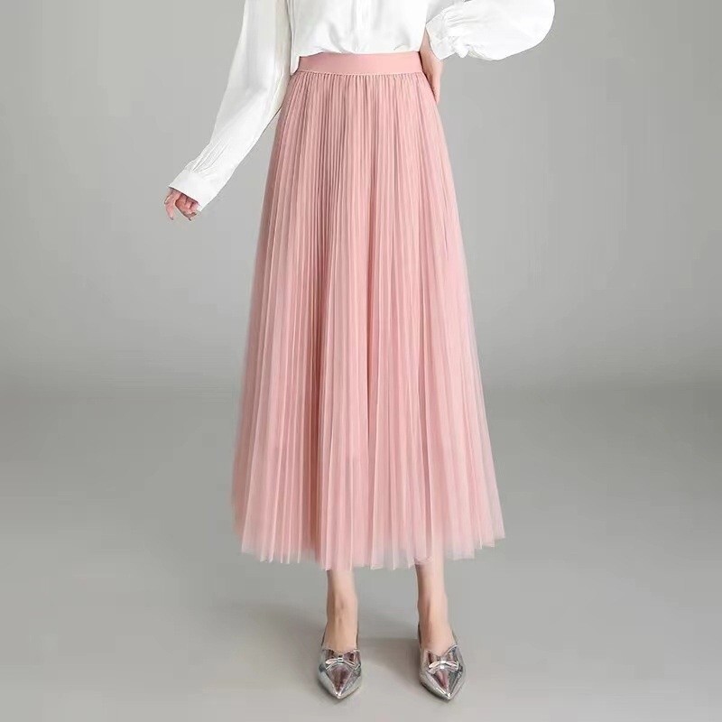 Pink Summer high waisted midi skirt pleated mesh skirt mid length A-line skirt