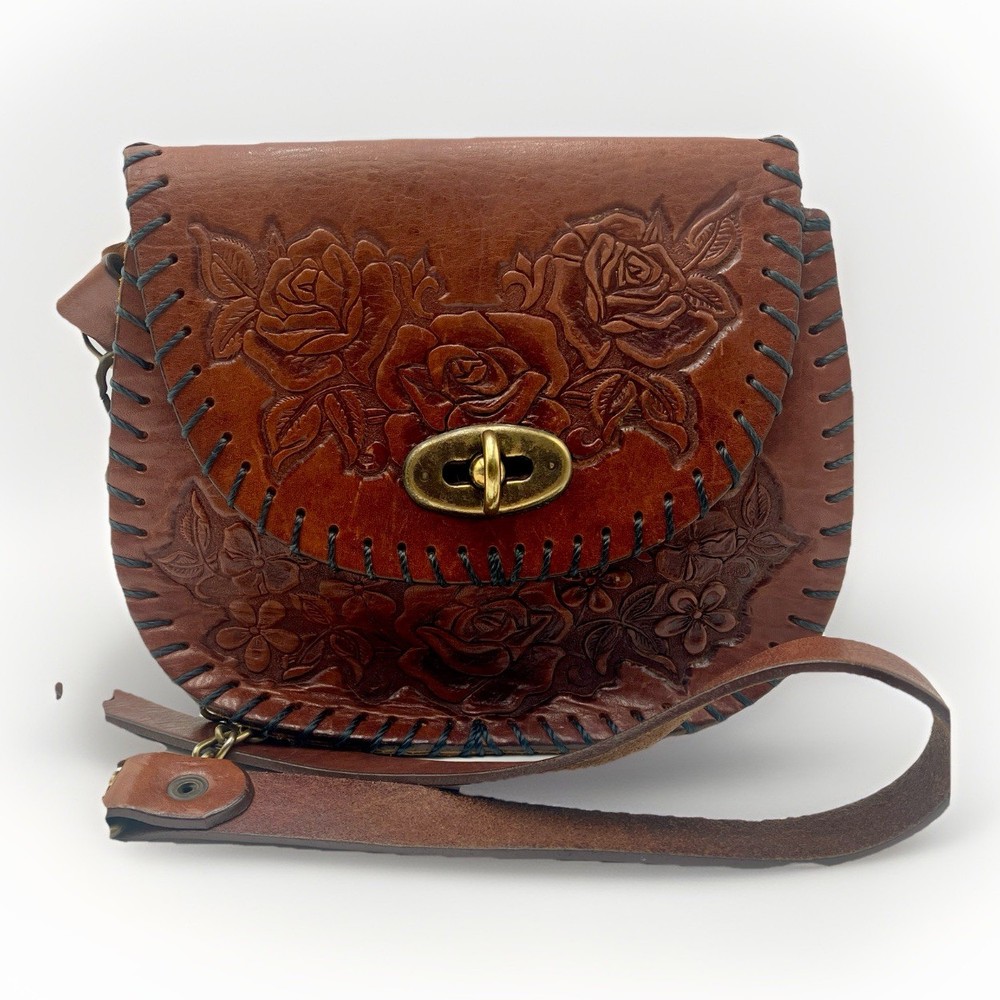JAAC Anderson Tooled Leather Crossbody Purse Floral Brown Boho Mexico