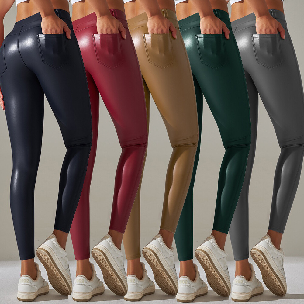 Women’S Fleece Faux Leather Leggings with Pocket Girls High Waisted Skinny Pants