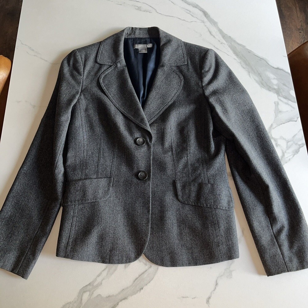 Chaqueta Blazer Ann Taylor Damas 2 Botones Frontales Carrera Lana Virgen 6 Gris Azul