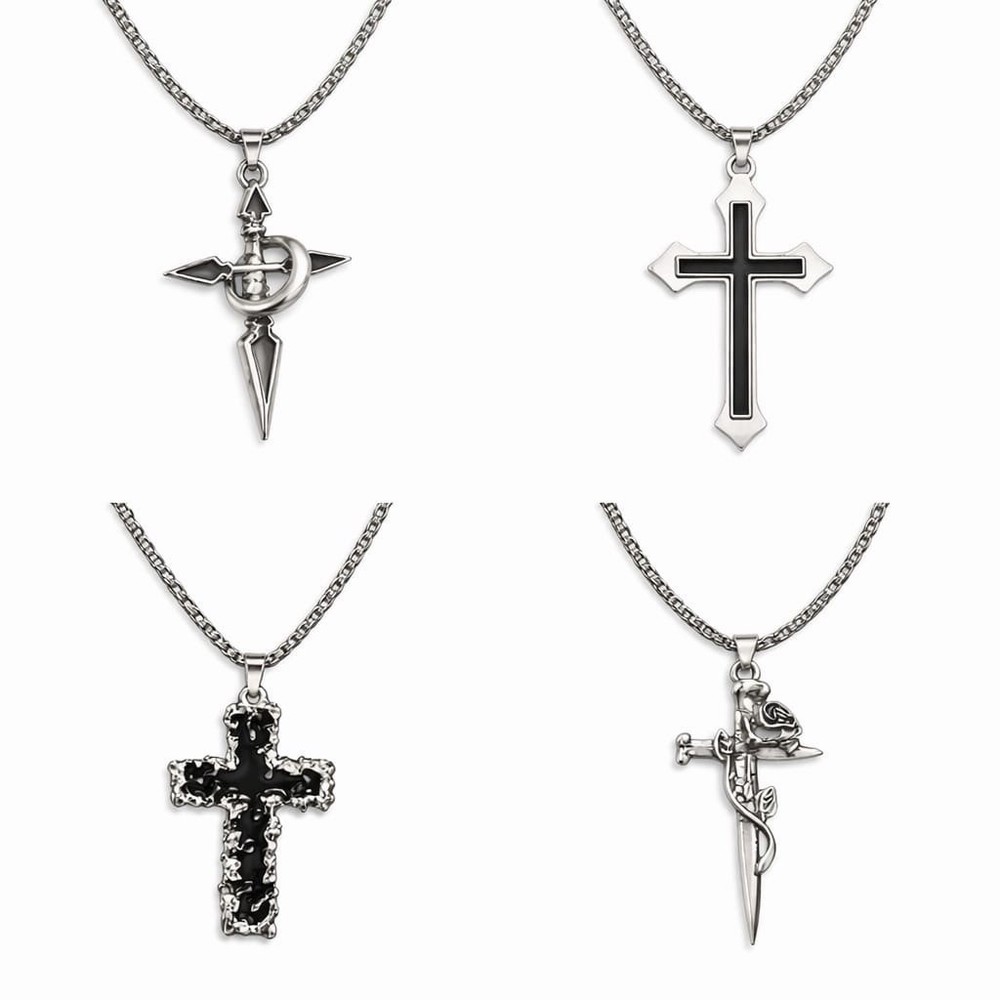 Gothic Cross Necklace Lot – 4 Styles – Silver Tone Pendant w/ Chain