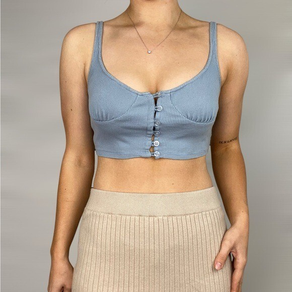 MOTEL ROCKS Powder Blue Button Up Strappy Top Ribbed Crop Top Scoop Neck